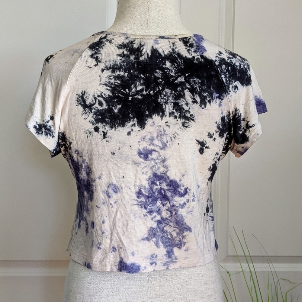 RAGA Tie Dye Top Cropped Bateau Cowl Cap Sleeve Stretch Knit White Blue M NWT - Picture 4 of 8